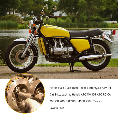 Yellow vintage motorcycle parked by a lake with a close-up of parts compatible with GY6 Stator Flywheel Puller Kit Beefed Up 24mm And 27mm With Clutch Lock Nut Spanner Tools 20mm And 24mm For 50cc To 150cc Motorcycles ATVs Dirt Bikes Scooters Parts.