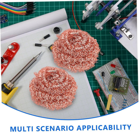 Six Pack Soldering Tip Copper Wire Sponge Balls For Efficient Tin Removal and Clean Tip, shown on electronics workbench