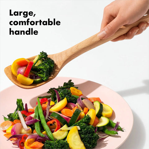 Wooden Corner Spoon And Scraper For Nonstick Cookware Beechwood With Natural Oil Finish And A Big Comfy Handle in use