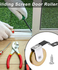 4 Pack Sliding Screen Door Rollers Replacement With 1 Inch Heavy Duty Tension Springs And Concave Steel Ball Bearings Fits Top And Bottom Wheels For B638 B687 B639 B756 Doors Includes Mounting Screws, shown with installation tools.