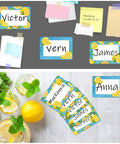 Lemon Themed Classroom Name Tags Set Of 48 Self Adhesive Desk Nameplates with large writing area on colorful lemon background.