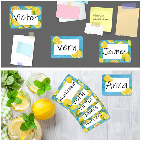 Lemon Themed Classroom Name Tags Set Of 48 Self Adhesive Desk Nameplates with large writing area on colorful lemon background.