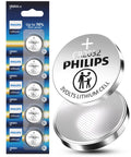 Five Pack CR2032 3V Lithium Coin Cell Batteries With Ten Year Shelf Life in child-safe packaging and battery detail.