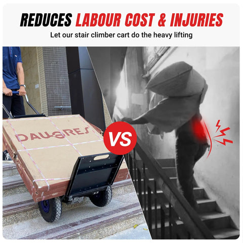 XSTO 550 Lb Capacity Electric Dolly Stair Climber moving a heavy box upstairs vs manual carrying with strain.