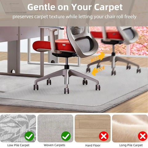 Two rolling office chairs on Heavy Duty 36x48 Inch Chair Mat For Carpet Protects Floors From Rolling Office And Gaming Chairs Clear Under Desk Rug Pad With Studded Anti Slip Backing For Smooth Glide And Quiet Movement on low pile carpet.