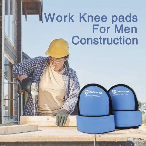 Waterproof Leatherette Knee Pads For Men with extra wide straps visible at construction site