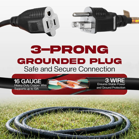 6 Foot Weather Resistant Extension Cord 16/3 SJTW Heavy Duty With 3 Prong Grounded Plug UL Listed 13 Amp for indoor/outdoor.