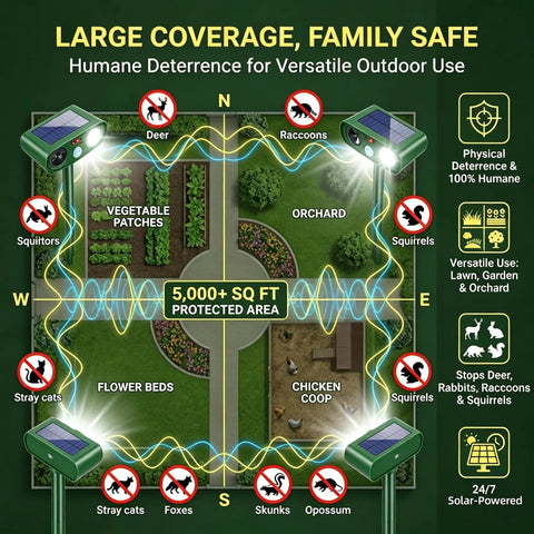 Image showing layout of Four Pack Solar Ultrasonic Animal Deterrents for Gardens and Lawns with Motion Activated LED Strobe Light.