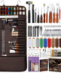 All In One Leather Tool Kit For Crafting And Leatherwork, Pro Grade Leathercraft Set With Storage Bag, Stamping Carving Punching Tools displayed in open organizer.