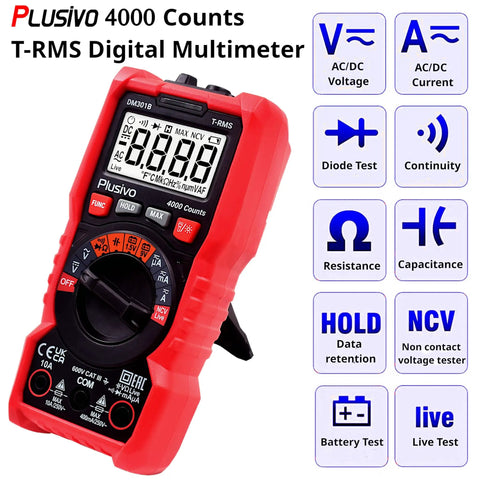 Digital Multimeter 4000 Counts TRMS Auto Ranging AC DC Voltmeter Ohm Amp Tester With NCV Live Test, red body, screen display