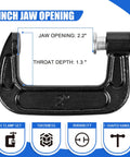Beefy Eight Piece 2 Inch C Clamp Set, Heavy Duty Steel With Cast Iron Frame And Sliding T Handle, Built For Maximum Stability And Versatility In Woodworking, Welding, Building And Automotive Projects, Durable Black Finish. 2.2 in jaw opening