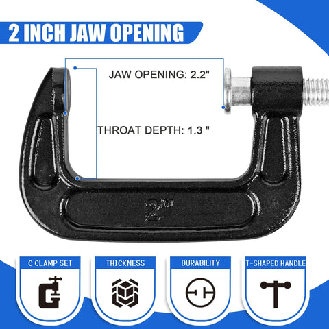 Beefy Eight Piece 2 Inch C Clamp Set, Heavy Duty Steel With Cast Iron Frame And Sliding T Handle, Built For Maximum Stability And Versatility In Woodworking, Welding, Building And Automotive Projects, Durable Black Finish. 2.2 in jaw opening