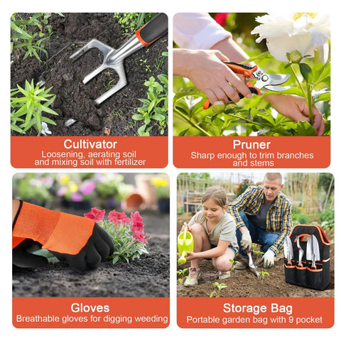 Must Have All In One Garden Tool Kit With Non Slip Ergonomic Handles, 8 Piece Heavy Duty Set In Orange for gardening tasks
