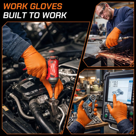 Heavy Duty 10 Mil Orange Nitrile Gloves With Raised Diamond Grip, Disposable Latex Free Work Gloves Built Tough For The Daily Grind, Extra Large Fit, 1000 Count used in automotive work.