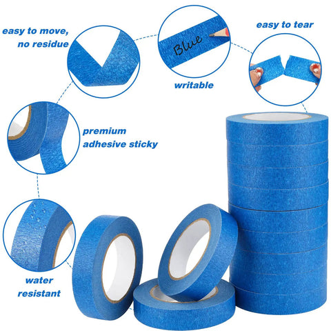 Blue Painters Tape Bulk 72 Rolls 1 Inch Wide By 55 Yards Each No Residue Masking Tape shown in stack, close-up details of tape features