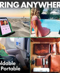Airplane Travel Phone Holder by beach, poolside, airplane seat and folded; lightweight green portable gadget for hands-free viewing.