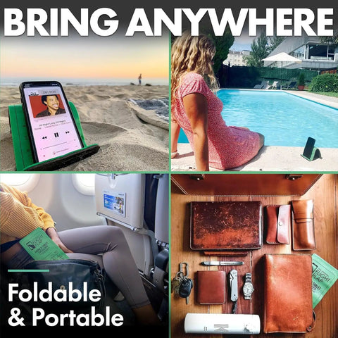 Airplane Travel Phone Holder by beach, poolside, airplane seat and folded; lightweight green portable gadget for hands-free viewing.