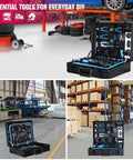 247 Piece Basic Home Repair Tool Set With Aluminum Case And Ample Pocket Storage in various settings for DIY projects