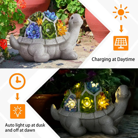 Solar Powered Turtle Garden Statue With 7 LED Lights, Cute Tortoise Figurine for daytime charging and night illumination