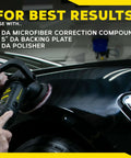 Person using DA 5 Inch Microfiber Cutting Disc Set For Dual Action Polisher That Takes Out Moderate Scratches Swirls And Paint Defects For Pro Level Car Detailing Pads 2 Pack on a car hood