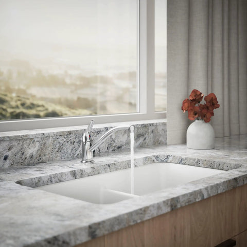 JOLT Swing Spout Faucet Without Side Spray In Metal Construction With Polished Chrome Finish, deck mounted on marble countertop