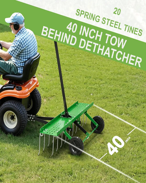 Tow-behind dethatcher with 20 spring steel tines for AgriFab 40 and 48 inch lawn rakes, compatible with Craftsman and John Deere models.
