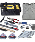 VASTOOLS welding accessories kit, 25pc with black-yellow bag, leather gloves, pliers, wrenches, magnets.