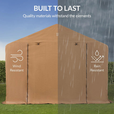 10x8ft Outdoor Storage Shed With Dual Roll Up Doors And Weather Resistant Metal Frame In Tan showing wind and rain resistance