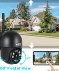 Solar Powered Outdoor Security Cam Wire Free With 360 Degree View And 2K PTZ Color Night Vision Human Detection Two Way Talk Cloud Or SD Card Storage Weatherproof Easy 2 4G WiFi Setup displaying house and street view in smartphone