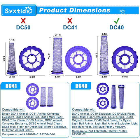 Replacement Vacuum Filter Set For Dyson DC40 And UP16 UP19 Ball Multi Floor 2 Vacs Post Motor And Pre Motor Filters size diagram