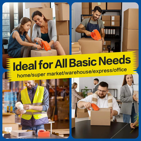Workers using heavy duty packing tape with dispenser, sealing boxes in various settings, highlighting shipping and moving tasks.