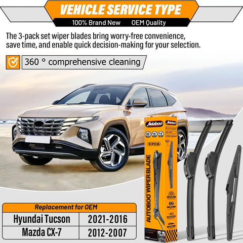 All Weather OEM Quality 26 Inch Front Wiper Blade And 16 Inch Front Wiper Blade With 14 Inch Rear Wiper For Hyundai Tucson 2016 2017 2018 2019 2020 2021 And Mazda CX 7 2007 2008 2009 2010 2011 2012 Pack Of 3
