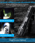 Beefy Military Grade 3000 Lumen LED Handheld Flashlight with 5 Modes, waterproof, showing high light and long range beam