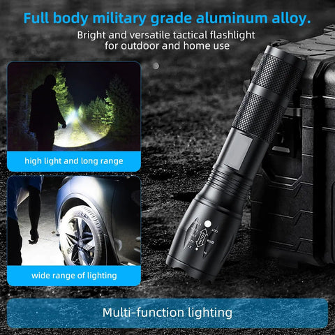 Beefy Military Grade 3000 Lumen LED Handheld Flashlight with 5 Modes, waterproof, showing high light and long range beam