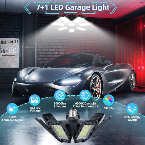 Hella Bright LED Garage Light With 7 Plus 1 Adjustable Panels 6500K Cool White Ceiling Light illuminating garage with car