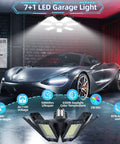 Six Pack 200W LED Garage Light Kit With 7 Plus 1 Deformable Panels illuminating a garage with sports car, 20000 LM, CRI 80 6500K