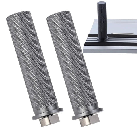 20mm Bench Dogs for Woodworking Table Set of 2, Aluminum Alloy Sliding Slot Stop Clamp, close-up on knurled design and T-slot rail