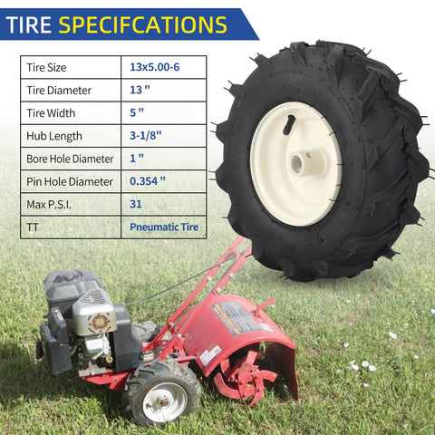 Replacement Tiller Tire And Wheel Set For 13x5-6 Size With 1 Inch Axle And 3 1/8 Inch Centered Hub Left And Right Wheels Included