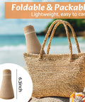 Women's Wide Brim Ponytail Straw Sun Hat Packable Foldable UPF Fifty Plus in a straw bag on the beach