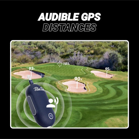 Player Go Golf GPS Speaker With AI Power showing audible GPS distances on golf course