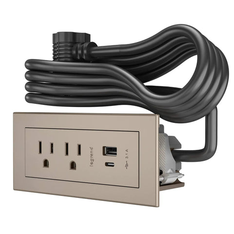 Radiant Furniture Power Center With USB And Recessed Power Strip Two Outlets Type A And Type C USB Ten Foot Cord Nickel Finish