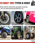 Various tires from motorcycles, cars, buses, ATVs, tractors, and aircraft showcasing versatility for 32 Inch Heavy Duty Bead Breaker Hammer With Duckbill Tire Iron For Trucks Tractors Buses ATVs And Aircraft Tires A Tough Versatile Tire Tool For Maintenance And Repair.