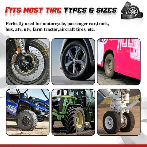 Various tires from motorcycles, cars, buses, ATVs, tractors, and aircraft showcasing versatility for 32 Inch Heavy Duty Bead Breaker Hammer With Duckbill Tire Iron For Trucks Tractors Buses ATVs And Aircraft Tires A Tough Versatile Tire Tool For Maintenance And Repair.
