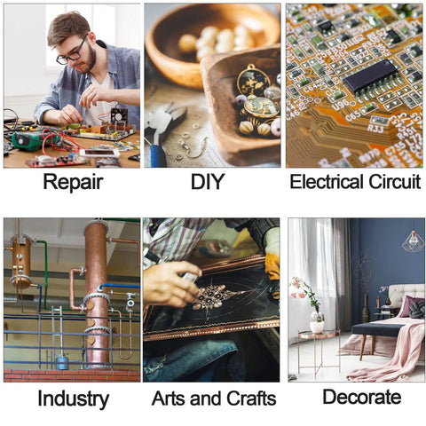Collage of repair, DIY, electrical circuit, industry, arts and crafts, and home decor projects and environments