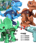 Take Apart Dinosaur Toys For Kids Aged 3 To 8 STEM Construction Building Kit With Electric Drill featuring colorful hybrid dinosaurs and tools.