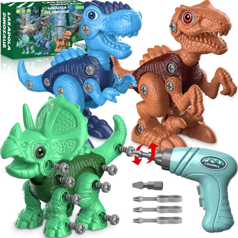 Take Apart Dinosaur Toys For Kids Aged 3 To 8 STEM Construction Building Kit With Electric Drill featuring colorful hybrid dinosaurs and tools.
