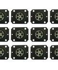 Front view: pack of 12 black ZAMA carburetor metering diaphragm assemblies with silver diaphragms.