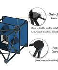 Blue Foldable Camping Table With Built In Cup Holders And Food Basket showing switch lock and anti-skid foot cover details.