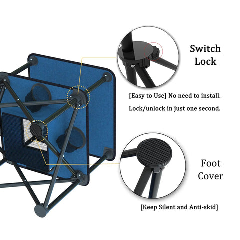 Blue Foldable Camping Table With Built In Cup Holders And Food Basket showing switch lock and anti-skid foot cover details.