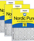 Must Have Pleated MERV 10 Air Filter 24x24x2 3 Pack With Actual Size 23.38 x 23.38 x 1.75, front view in packaging